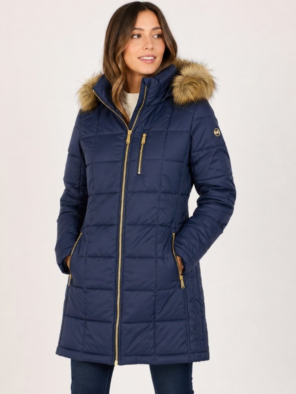 Michael Kors Womens Navy Down Puffer Winter Coat Faux Fur Hood Size S EUC Quilt